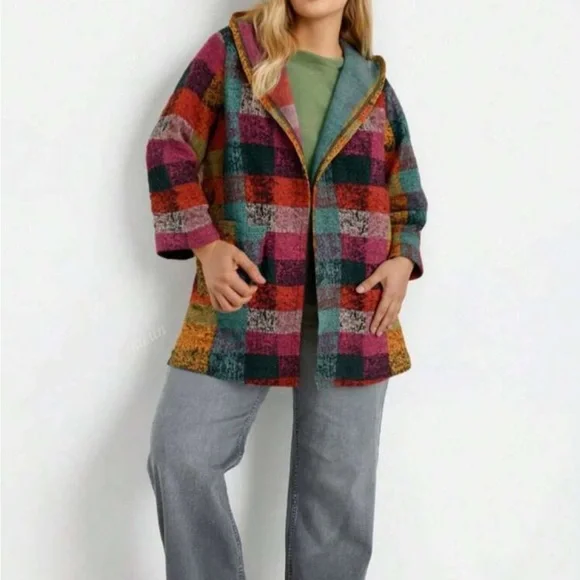 Luxe Plus Plaid Checkered Long Sleeve Pocket Knit Hoodie Sweater Coat Brushed - Picture 6 of 9